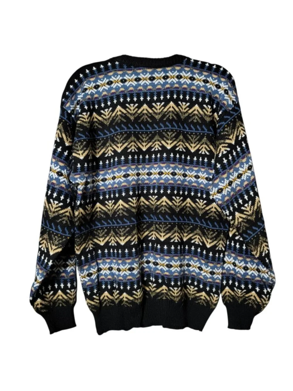 VTG Atlas Mens Blue Geometric Nordic Fair Isle Knit Crewneck Pullover Sweater XL